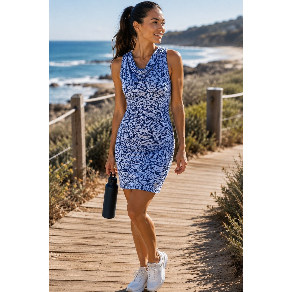 Eddie Bauer Outdoor Slub Cowl Neck Sleeveless Dress M Baltic Print Blue Midi